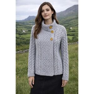 Aran Sweater Market Womens XS Blue Grey 100% Merino Wool Cable Knit Cardigan